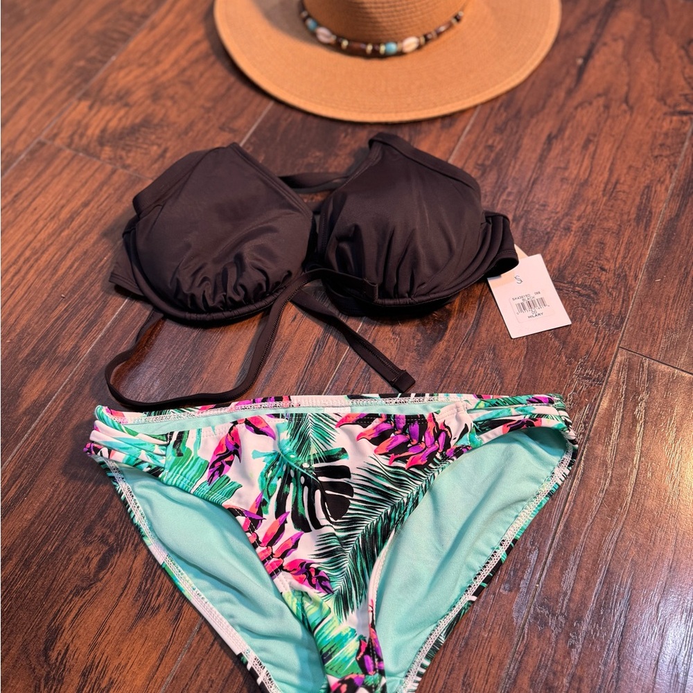 Hilary Radley Black and Tropical Print Bikini